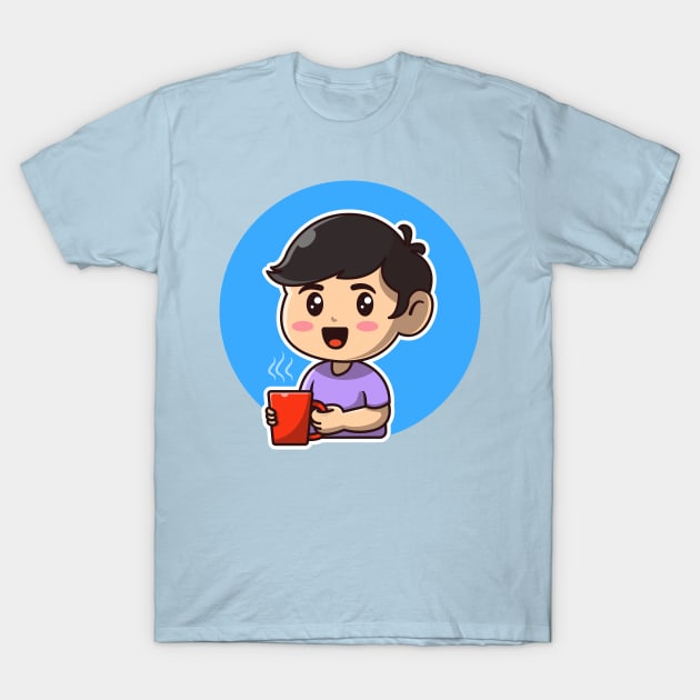 Cute Boy Holding Hot Coffee Cartoon T-Shirt by Catalyst Labs